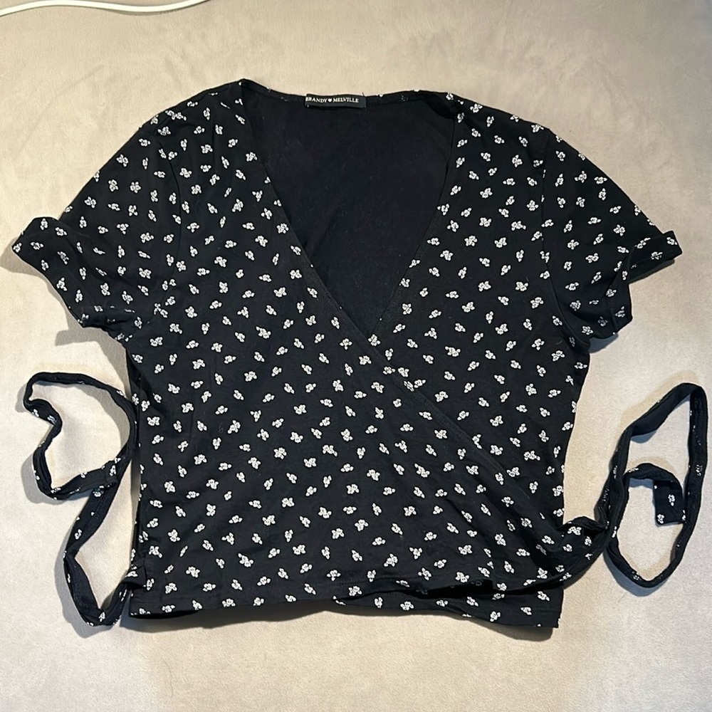 RARE Brandy Melville Original Italy Black Floral Cross Tie Top EUC OS